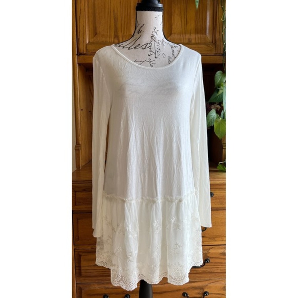 Ivory Long Sleeve Lace Hem Tunic Top Dress Boho Fairy Cottagecore Layering Top M